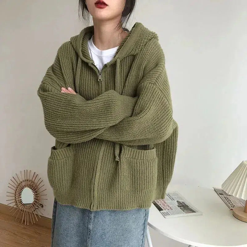 Y2K Fashion Oversized Knitted Hooded Cardigan - Coquette & Acubi Style