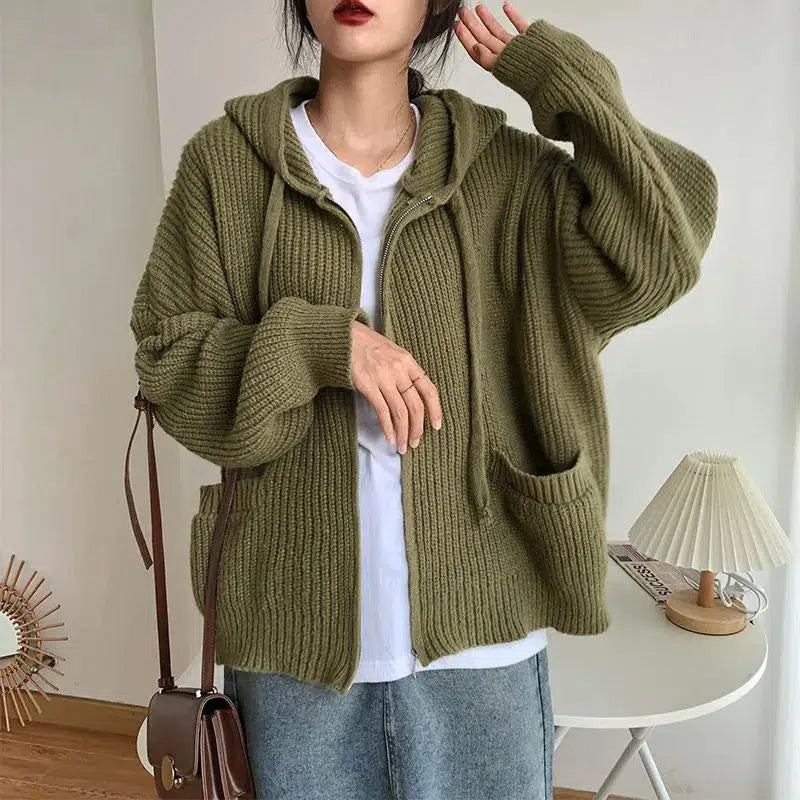 Y2K Fashion Oversized Knitted Hooded Cardigan - Coquette & Acubi Style