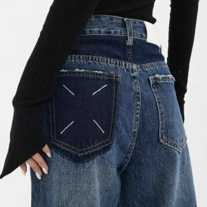 Y2K Fashion Patch Pocket Straight Leg Denim Jeans - Coquette Style