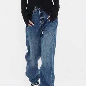 Y2K Fashion Patch Pocket Straight Leg Denim Jeans - Coquette Style