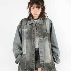 Y2K Fashion Patchwork Oversized Denim Jacket - Coquette & Acubi Style