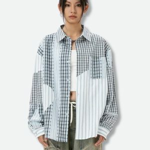 Y2K Fashion Patchwork Striped & Plaid Shirt - Coquette Aesthetic Top