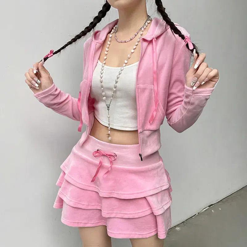 Y2K Fashion Pink Aesthetic Skirt & Hoodie Set - Coquette Style Outfit