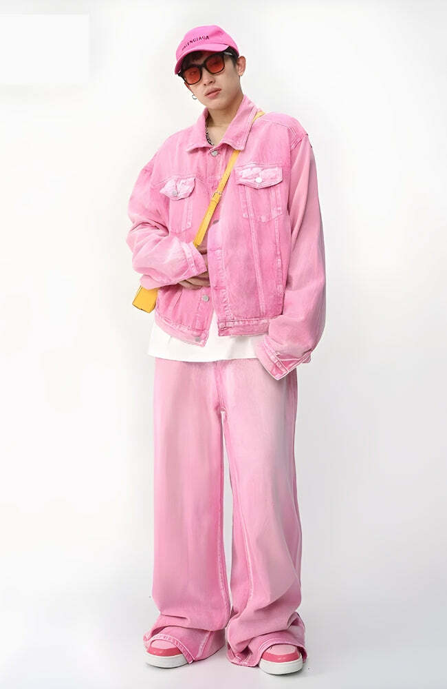 Y2K Fashion Pink Denim Jacket & Pants Set | Coquette Aesthetic Outfit