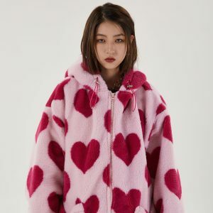 Y2K Fashion Pink Heart Pattern Hooded Jacket - Coquette Aesthetic Style