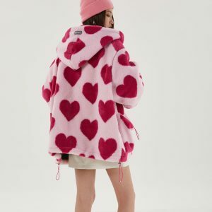 Y2K Fashion Pink Heart Pattern Hooded Jacket - Coquette Aesthetic Style