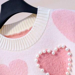 Y2K Fashion Pink Hearts Sweater - Coquette Style Soft Girl Aesthetic