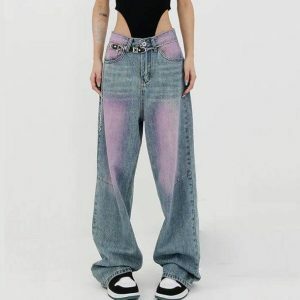 Y2K Fashion Pink Tint Baggy Jeans - Coquette Style Aesthetic Outfit