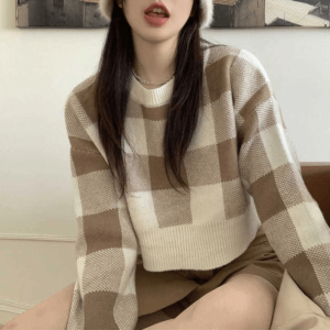 Y2K Fashion Plaid Preppy Cropped Sweater - Coquette Aesthetic Style