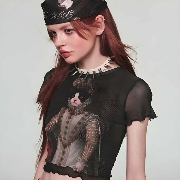 Y2K Fashion Princess Cat Crop Top - Coquette Aesthetic & Soft Girl Style