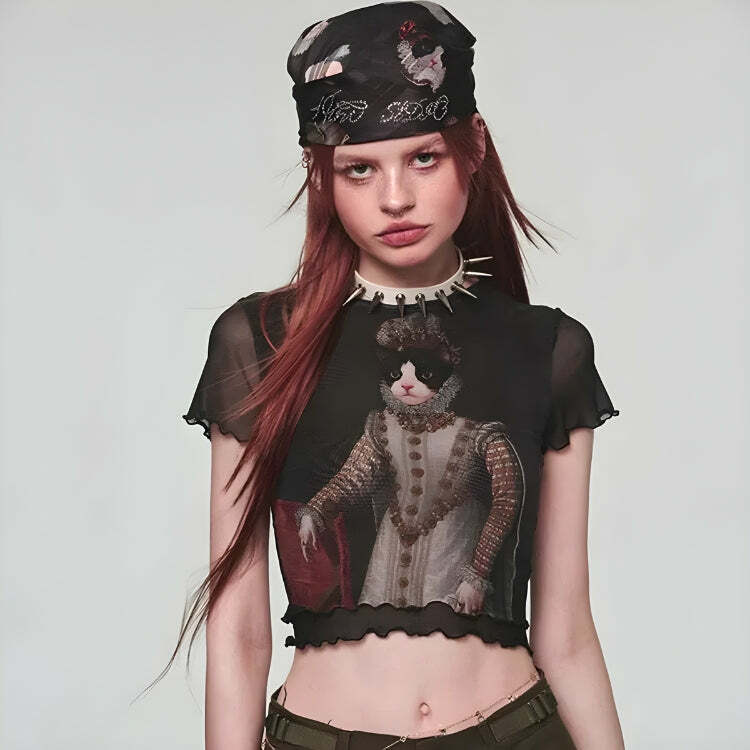 Y2K Fashion Princess Cat Crop Top - Coquette Aesthetic & Soft Girl Style