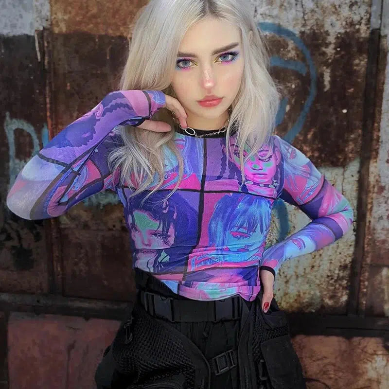 Y2K Fashion Punk Girls Mesh Top - Dark Coquette Aesthetic Clothing