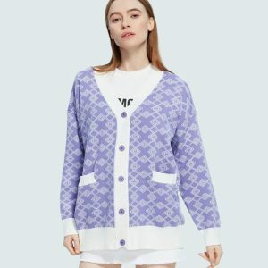 Y2K Fashion Purple Cardigan - Coquette Style with Cross Pattern Design