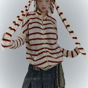 Y2K Fashion Rabbit Ears Hooded Cardigan Jacket - Coquette Aesthetic Style