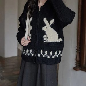 Y2K Fashion Rabbit Knitted Zip Cardigan - Coquette & Acubi Style