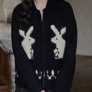 Y2K Fashion Rabbit Knitted Zip Cardigan - Coquette & Acubi Style