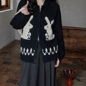 Y2K Fashion Rabbit Knitted Zip Cardigan - Coquette & Acubi Style