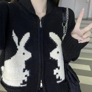 Y2K Fashion Rabbit Knitted Zip Cardigan - Coquette & Acubi Style