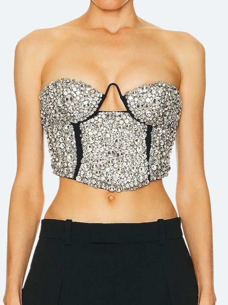 Y2K Fashion Rhinestone Bustier Crop Top - Coquette & Acubi Style