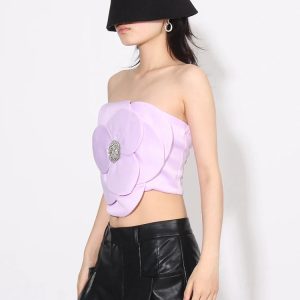 Y2K Fashion Rhinestone Zip-Up Strapless Top - Coquette Aesthetic Style