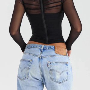 Y2K Fashion Ruched Sheer Zip-Up Mesh Top - Coquette & Acubi Style