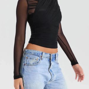 Y2K Fashion Ruched Sheer Zip-Up Mesh Top - Coquette & Acubi Style