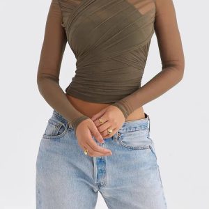 Y2K Fashion Ruched Sheer Zip-Up Mesh Top - Coquette & Acubi Style