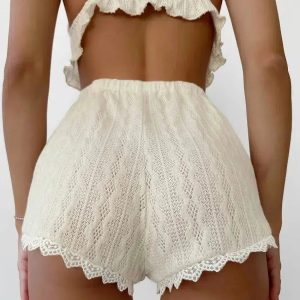 Y2K Fashion Ruffled Crop Top & Lace Trim Shorts Coquette Two Piece Set