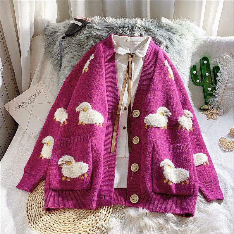 Y2K Fashion Sheep Embroidery Knitted Cardigan - Coquette Aesthetic Style