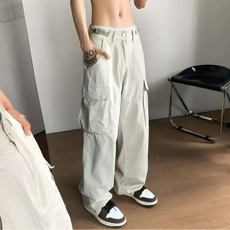 Y2K Fashion Side Belt Detailed Baggy Cargo Pants - Acubi Coquette Style