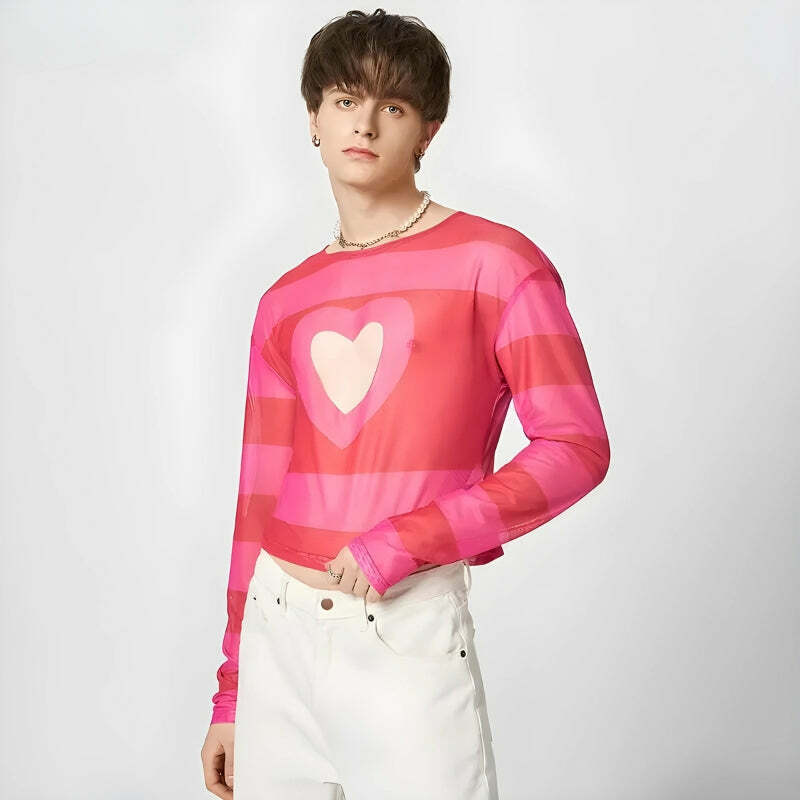 Y2K Fashion Soft Boy Heart Cut Out Crop Top - Coquette Aesthetic Style