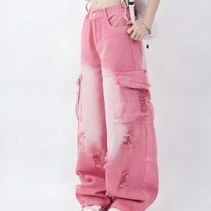 Y2K Fashion Soft Girl Distressed Cargo Jeans - Acubi Coquette Style