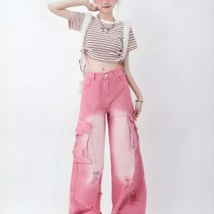 Y2K Fashion Soft Girl Distressed Cargo Jeans - Acubi Coquette Style