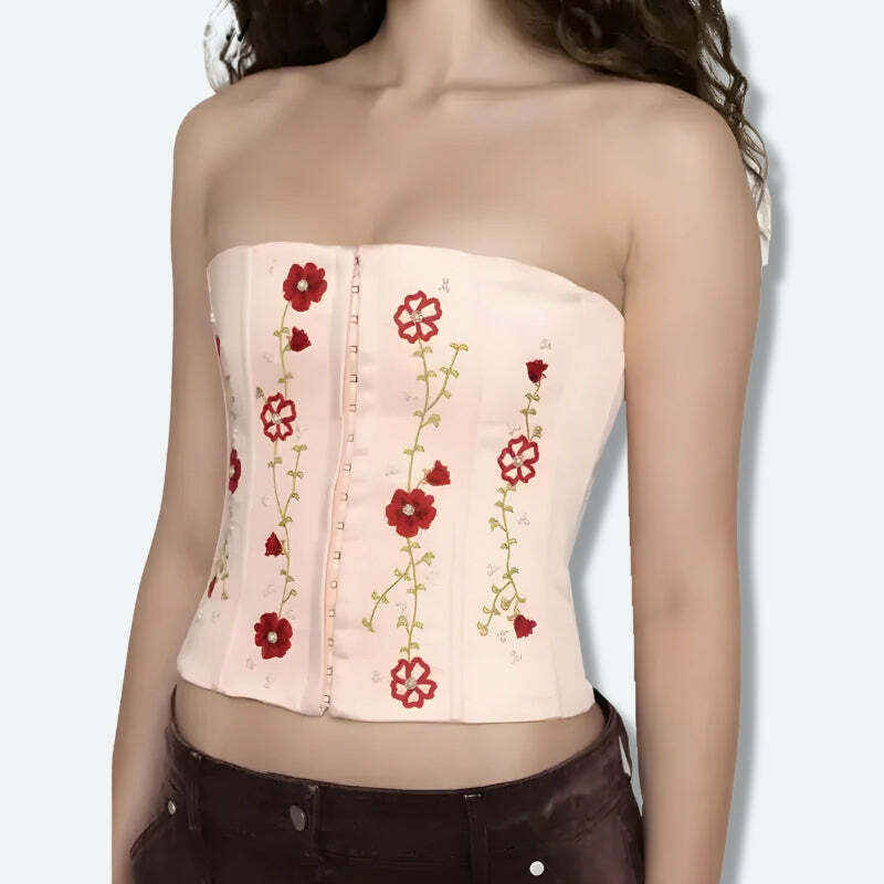 Y2K Fashion Soft Girl Embroidered Beaded Corset Top - Coquette Style