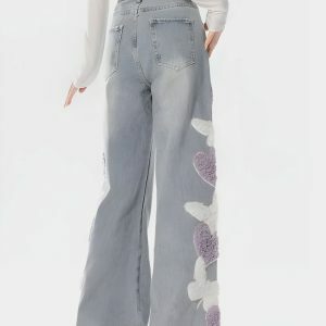 Y2K Fashion Soft Girl Fluffy Heart Butterfly Jeans - Coquette Aesthetic