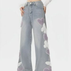 Y2K Fashion Soft Girl Fluffy Heart Butterfly Jeans - Coquette Aesthetic