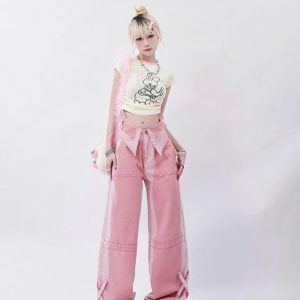 Y2K Fashion Soft Girl Folded Waist Jeans - Coquette Aesthetic Style