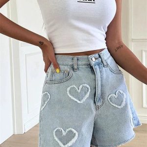 Y2K Fashion Soft Girl Heart Patch Denim Shorts - Coquette Aesthetic Style