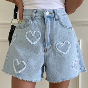 Y2K Fashion Soft Girl Heart Patch Denim Shorts - Coquette Aesthetic Style