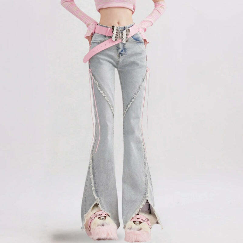 Y2K Fashion Soft Girl Lace-Up Slit Flare Jeans - Coquette Aesthetic Style