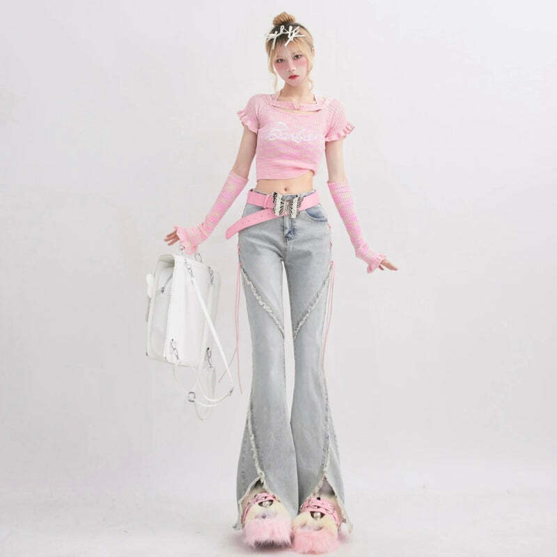 Y2K Fashion Soft Girl Lace-Up Slit Flare Jeans - Coquette Aesthetic Style