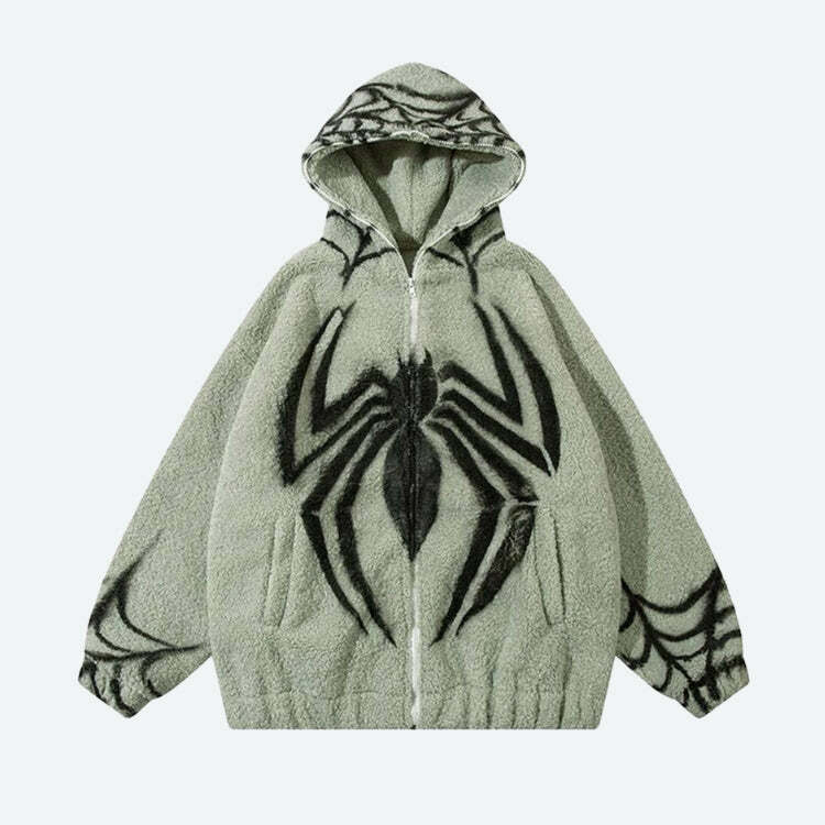 Y2K Fashion Spider Full Zip-Up Teddy Hoodie Jacket - Coquette Aesthetic