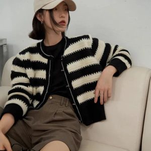 Y2K Fashion Striped Button Up Cardigan - Coquette & Acubi Style