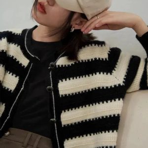 Y2K Fashion Striped Button Up Cardigan - Coquette & Acubi Style