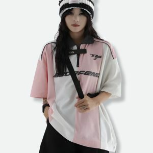 Y2K Fashion Striped Half Zip-Up Jersey Top - Coquette & Acubi Style