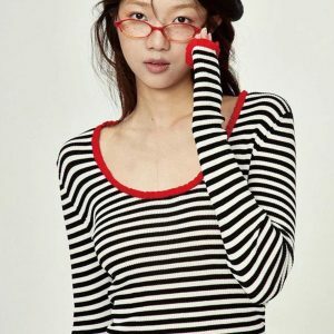 Y2K Fashion Striped Scoop Neck Top - Acubi Style & Coquette Aesthetic