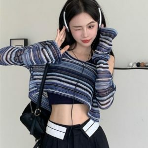 Y2K Fashion Striped Wide Neck Crop Sweater - Coquette & Acubi Style