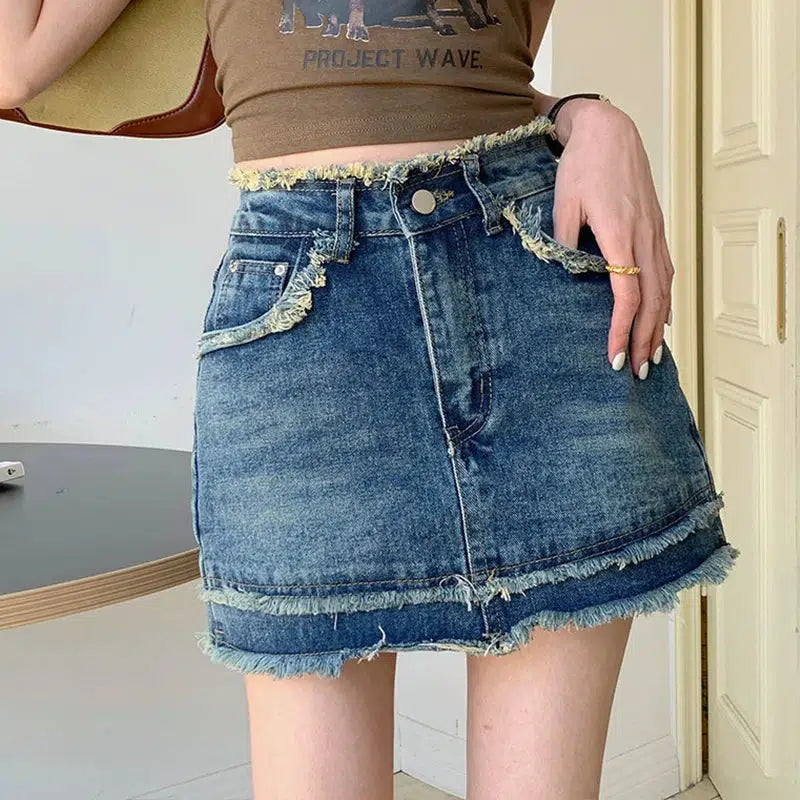 Y2K Fashion Tasseled Denim Mini Skort - Coquette & Acubi Style