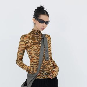 Y2K Fashion Tiger Mesh Top - Dark Coquette Aesthetic Clothing