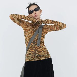 Y2K Fashion Tiger Mesh Top - Dark Coquette Aesthetic Clothing